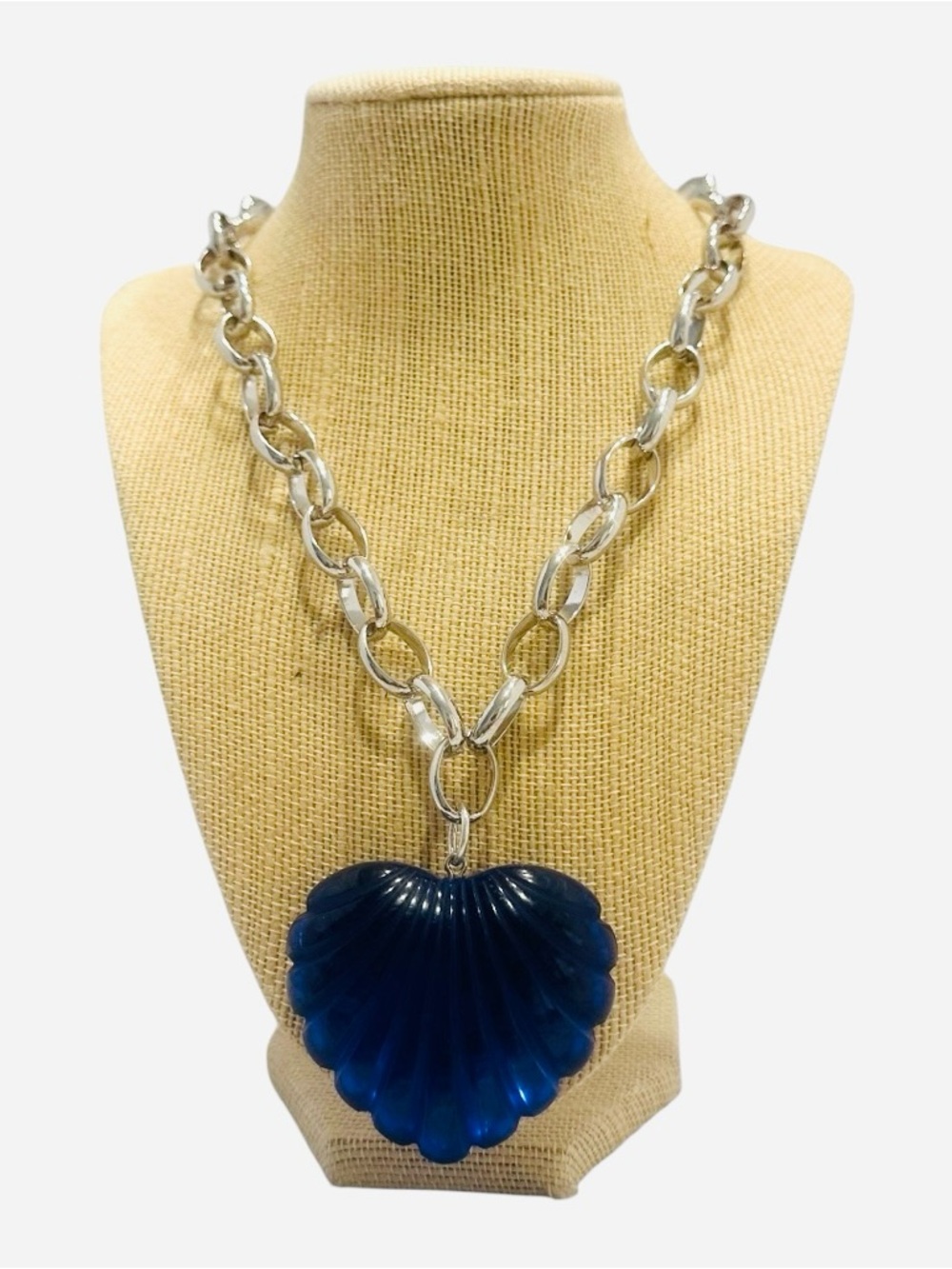 Yochi Silver Chain Necklace with Royal Blue Glass Heart Pendant